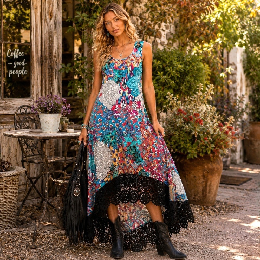 New Cupio Womens Embroidered Crochet Lace High Low Patchwork Flowy Maxi Dress XL